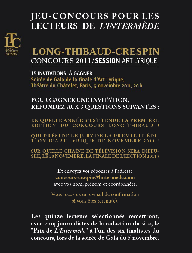 Jeu-concours : 15 places à gagner pour la finale du concours international d`Art Lyrique le samedi 5 novembre au Théâtre du Châtelet.